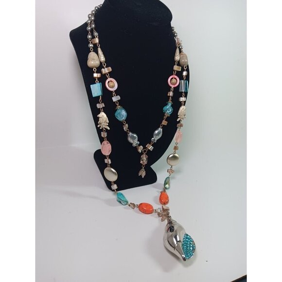 Statement Necklace Nautical Mermaid Gemstone Shell Fish Cruise Beachy Coastal - Picture 2 of 8